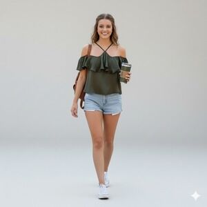 AEROPOSTALE Womens Off-The-Shoulder Ruffle Crop Halter Top Size L Olive Green‎